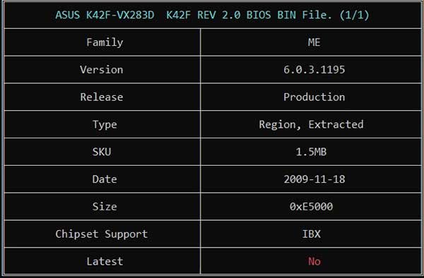 Information from ASUS K42F-VX283D K42F REV 2.0 BIOS BIN File via ME Analyzer