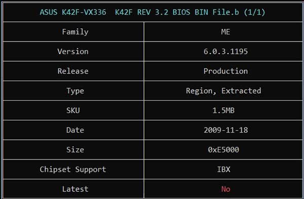 Information from ASUS K42F-VX336 K42F REV 3.2 BIOS BIN File via ME Analyzer