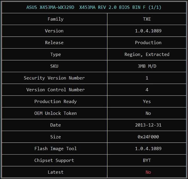 Information from ASUS X453MA-WX329D X453MA REV 2.0 BIOS BIN File via ME Analyzer
