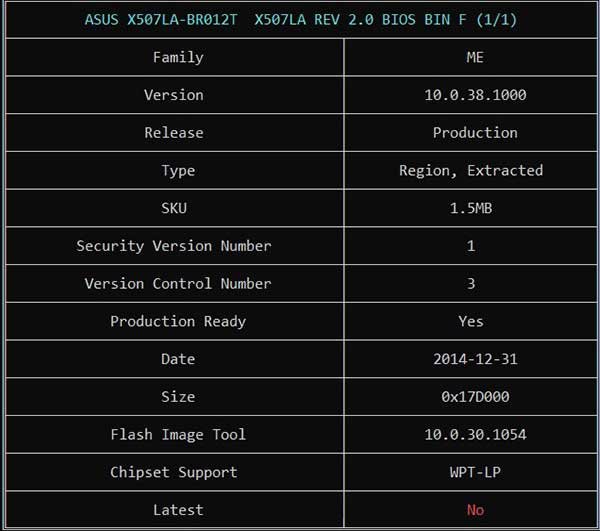 Information from ASUS X507LA-BR012T X507LA REV 2.0 BIOS BIN File via ME Analyzer