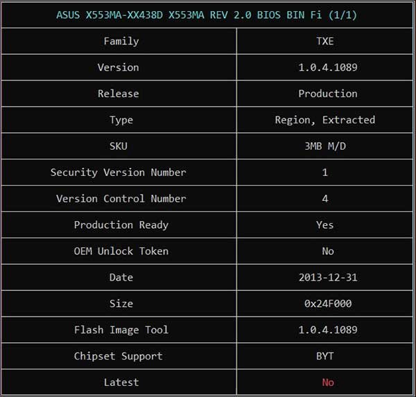 Information from ASUS X553MA-XX438D X553MA REV 2.0 BIOS BIN File via ME Analyzer