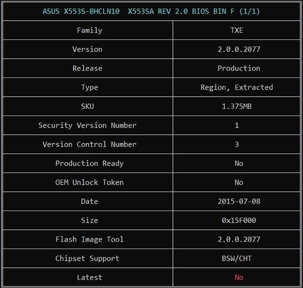 Information from ASUS X553S-BHCLN10 X553SA REV 2.0 BIOS BIN File via ME Analyzer
