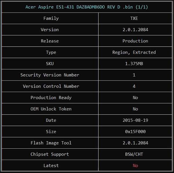 Information from Acer Aspire ES1-431 DAZ8ADMB6DO REV D BIOS BIN File via Me Analyzer