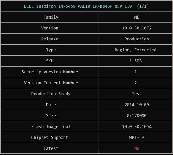 Information from DELL Inspiron 14-5458 AAL10 LA-B843P REV 1.0 (A00) BIOS BIN File via ME Analyzer