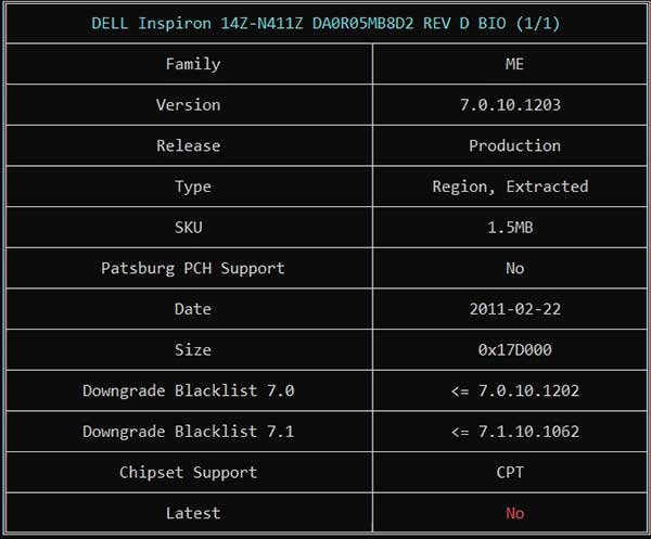 Information from DELL Inspiron 14Z-N411Z DA0R05MB8D2 REV D BIOS BIN File via ME Analyzer