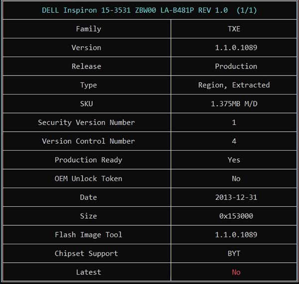 Information from DELL Inspiron 15-3531 ZBW00 LA-B481P REV 1.0 (A00) BIOS BIN File via ME Analyzer