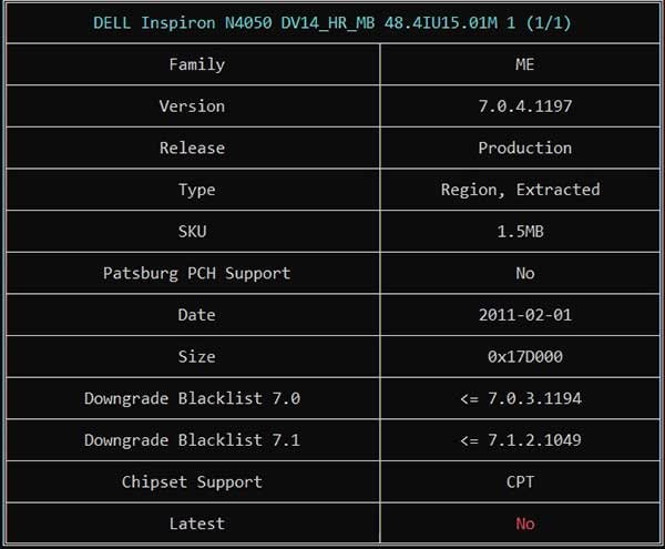 Information from DELL Inspiron N4050 DV14_HR_MB 48.4IU15.01M 10315-1M BIOS BIN File via ME Analyzer