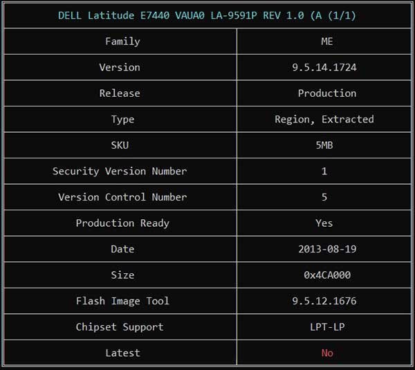 Information from DELL Latitude E7440 VAUA0 LA-9591P REV 1.0 (A00) BIOS BIN File via ME Analyzer