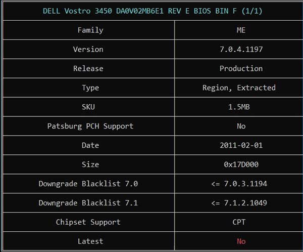 Information from DELL Vostro 3450 DA0V02MB6E1 REV E BIOS BIN File via ME Analyzer