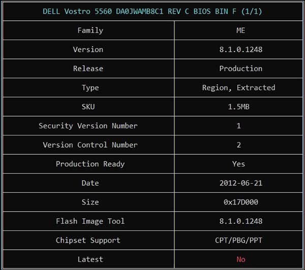 Information from DELL Vostro 5560 DA0JWAMB8C1 REV C BIOS BIN File via ME Analyzer
