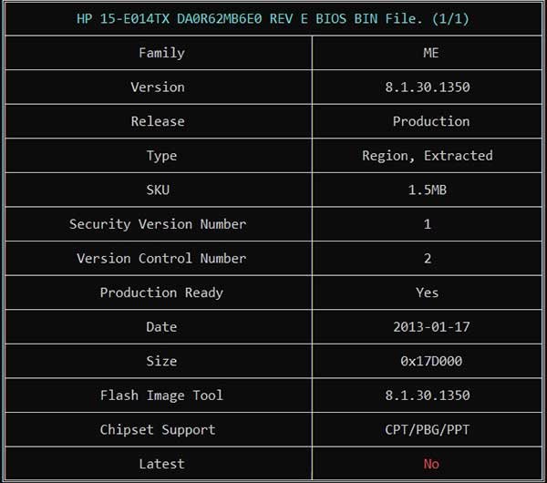 Information from HP 15-E014TX DA0R62MB6E0 REV E BIOS BIN File via ME Analyzer