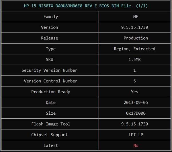 Information from HP 15-N258TX DA0U83MB6E0 REV E BIOS BIN File via ME Analyzer