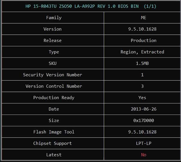 Information from HP 15-R043TU ZSO50 LA-A992P REV 1.0 BIOS BIN File via ME Analyzer