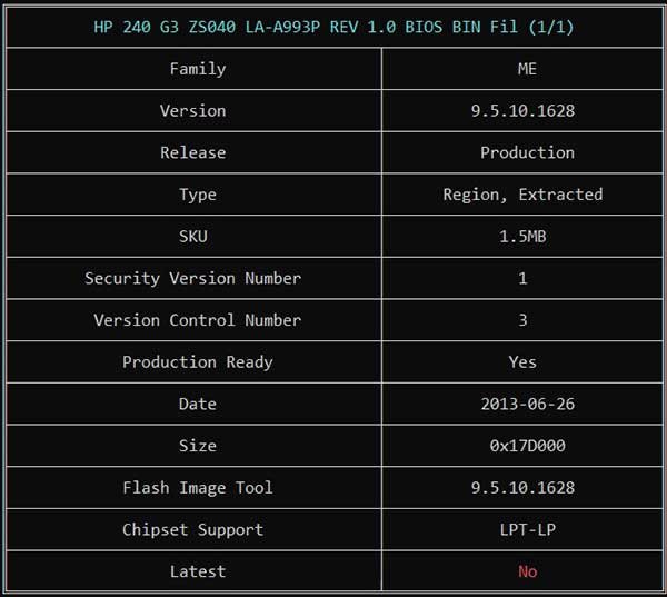 Information from HP 240 G3 ZS040 LA-A993P REV 1.0 BIOS BIN File via ME Analyzer