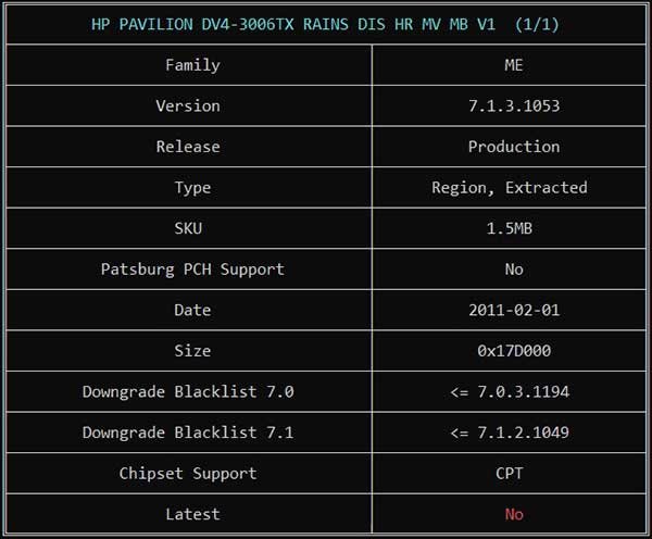 Information from HP PAVILION DV4-3006TX RAINS DIS HR MV MB V1 BIOS BIN File via ME Analyzer