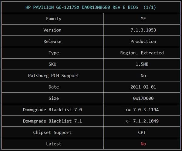 Information from HP PAVILION G6-1217SX DA0R13MB6E0 REV E BIOS BIN File via ME Analyzer