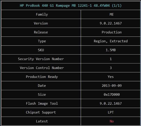 Information from HP ProBook 440 G1 Rampage MB 12241-1 48.4YW04.011 BIOS BIN File via ME Analyzer