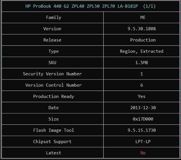 Information from HP ProBook 440 G2 ZPL40 ZPL50 ZPL70 LA-B181P REV 1.0 BIOS BIN File via ME Analyzer