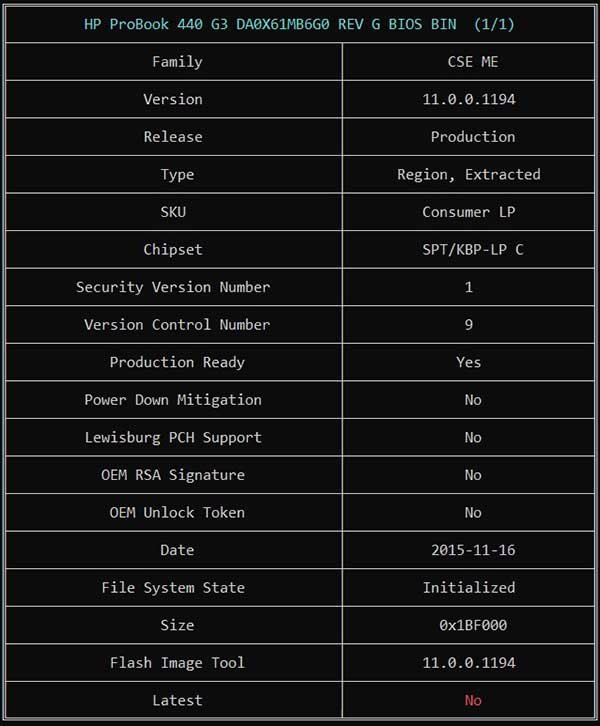 Information from HP ProBook 440 G3 DA0X61MB6G0 REV G BIOS BIN File via ME Analyzer