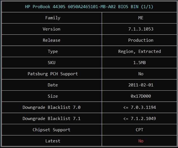 Information from HP ProBook 4430S 6050A2465101-MB-A02 BIOS BIN File via ME Analyzer