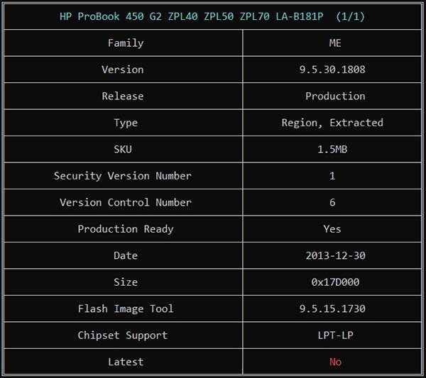 Information from HP ProBook 450 G2 ZPL40 ZPL50 ZPL70 LA-B181P REV 1.0 BIOS BIN File via ME Analyzer