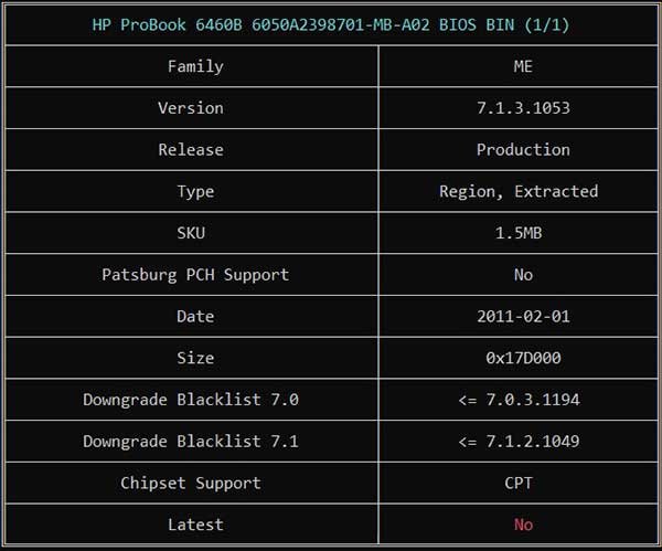 Information from HP ProBook 6460B 6050A2398701-MB-A02 BIOS BIN File via ME Analyzer