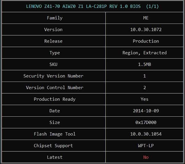 Information from LENOVO Z41-70 AIWZ0 Z1 LA-C281P REV 1.0 BIOS BIN File via ME Analyzer