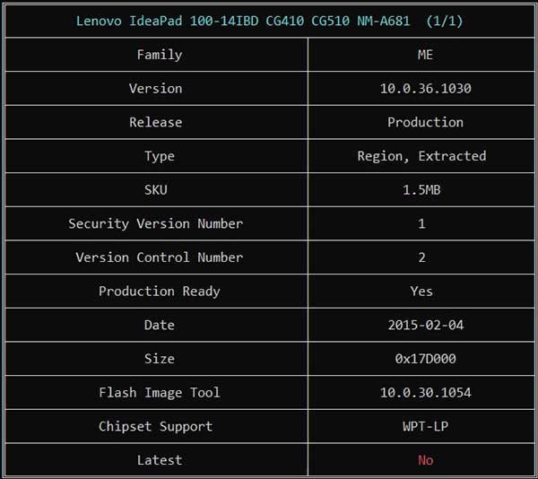 Information from Lenovo IdeaPad 100-14IBD CG410 CG510 NM-A681 REV 1.0 BIOS BIN File via ME Analyzer