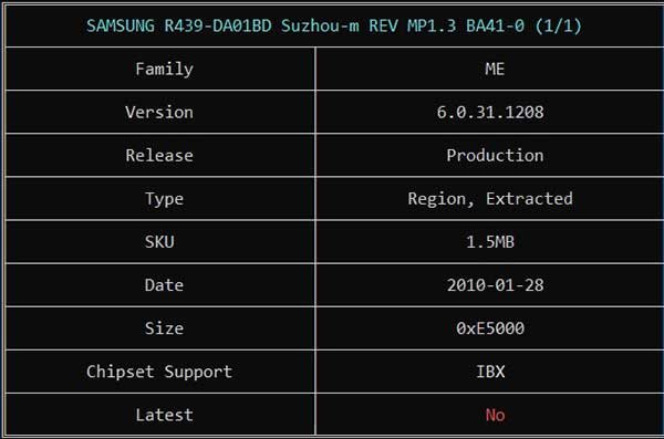 Information from SAMSUNG R439-DA01BD Suzhou-m REV MP1.3 BA41-01231A BIOS BIN File via ME Analyzer