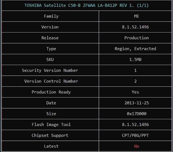 Information from TOSHIBA Satellite C50-B ZFWAA LA-B412P REV 1.0 BIOS BIN File via ME Analyzer
