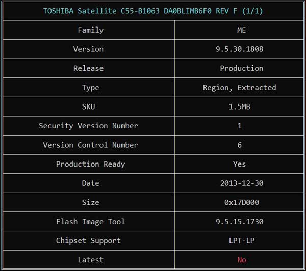 Information from TOSHIBA Satellite C55-B1063 DA0BLIMB6F0 REV F BIOS BIN File via ME Analyzer