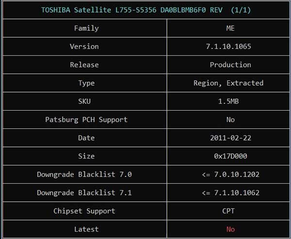 Information from TOSHIBA Satellite L755-S5356 DA0BLBMB6F0 REV F0 BIOS BIN File via ME Analyzer