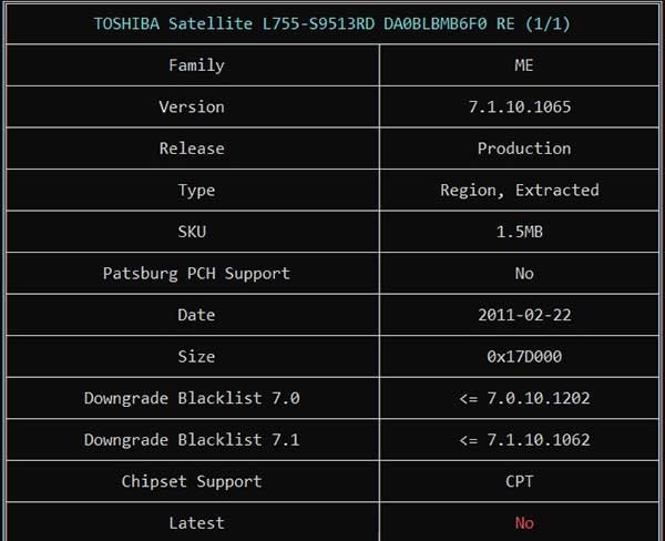 Information from TOSHIBA Satellite L755-S9513RD DA0BLBMB6F0 REV F0 BIOS BIN File via ME Analyzer