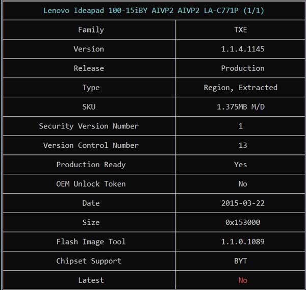 Information from Lenovo Ideapad 100-15iBY AIVP2 AIVP2 LA-C771P REV 1.0 BIOS BIN Filevia ME Analyzer