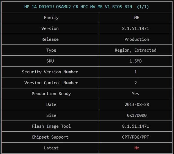 Information from HP 14-D010TU OSAMU2 CR HPC MV MB V1 BIOS BIN File via ME Analyzer