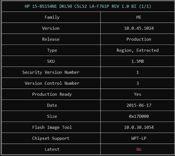 Information from HP 15-BS154NE DKL50 CSL52 LA-F761P REV 1.0 BIOS BIN File via ME Analyzer