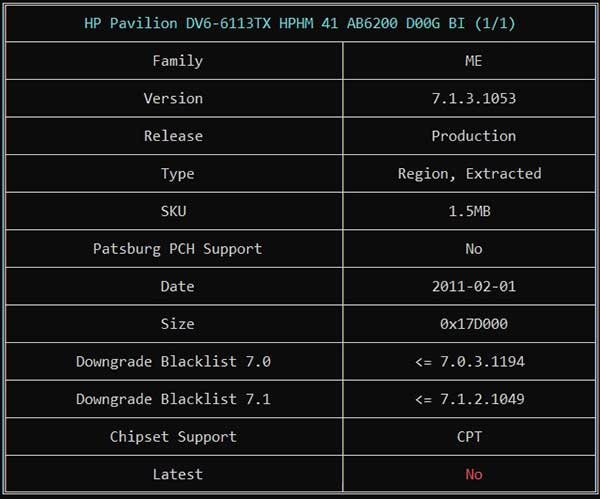 Information from HP Pavilion DV6-6113TX HPHM 41 AB6200 D00G BIOS BIN File via ME Analyzer