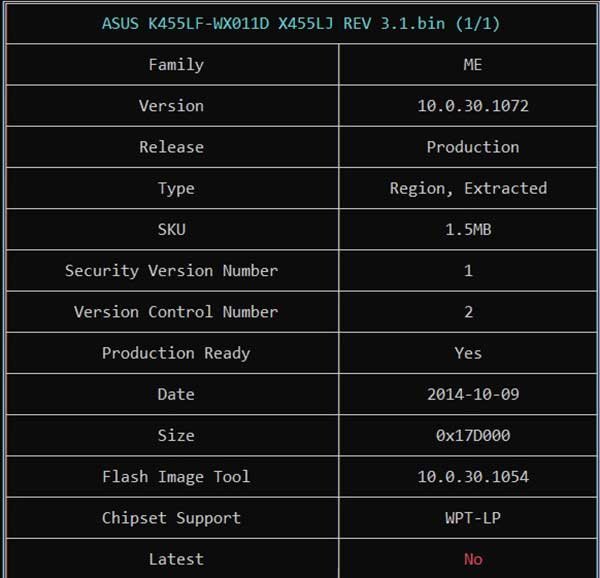Information from ASUS K455LF-WX011D X455LJ REV 3.1 BIOS BIN File via ME Analyzer