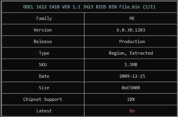 Information from DOEL 1612 E410 VER 1.1 JH23 BIOS BIN File via ME Analyzer