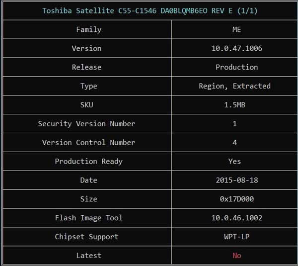 Information from Toshiba Satellite C55-C1546 DA0BLQMB6EO REV E BIOS BIN File via ME Analyzer