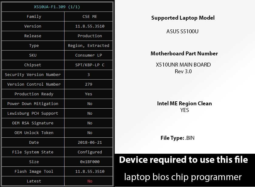 ASUS S5100U laptop X510UNR REV3.0 Clean ME BIOS BIN File